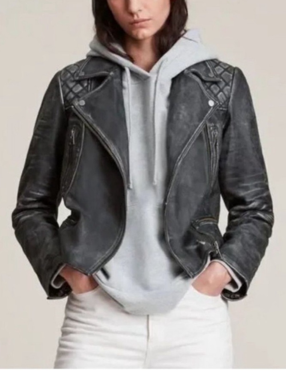 All Saints Cargo Black Quilted Leather Distressed Biker Moto Jacket Size 2